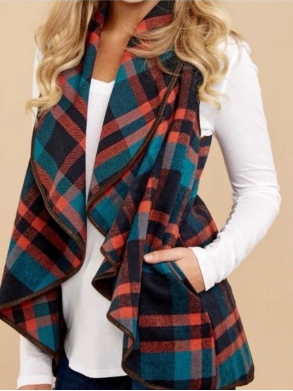Plaid Draped Open-Front Vest in Teal & Orange